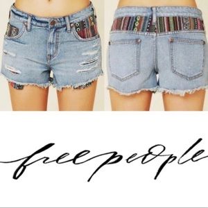 Free People Distressed Mexican Blanket Pattern Jean Shorts